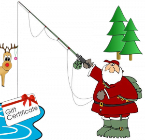 Nice Catch! Santa holding fishing rod with Gift Certificate on the hook. Deer and Trees in the background.