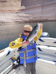 Young boy, pre-teen, on a boat smiling and holding up the fish he landed on Lake Powell